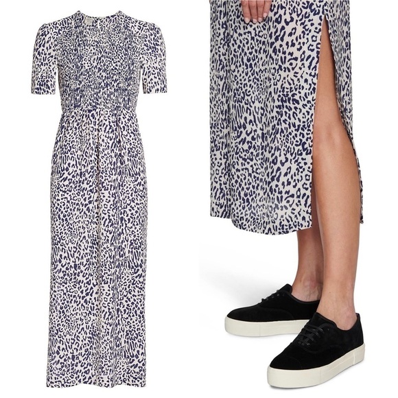 BAUM UND PFERDGARTEN Silk Short Sleeve Leopard Print Smocked Front Midi Dress 14 - Picture 15 of 16